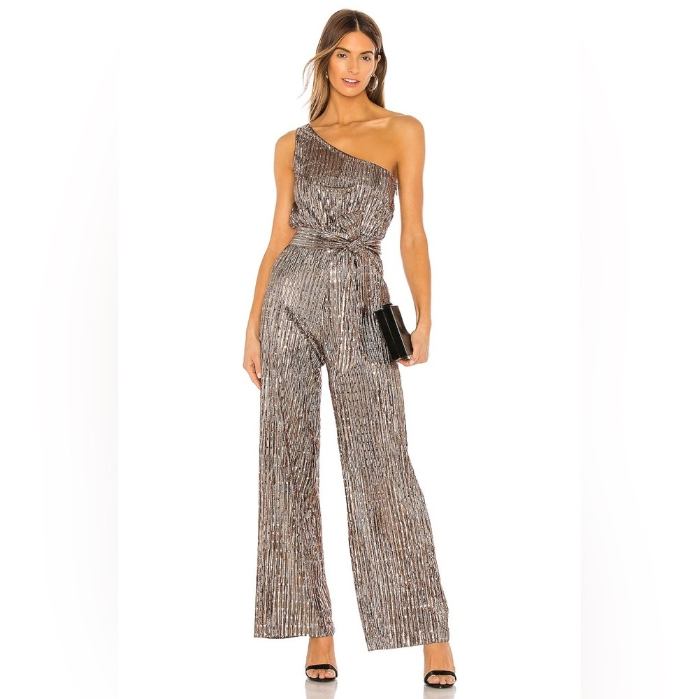 LOVERS + FRIENDS – Golden Sequin One-Shoulder‎ Jumpsuit | Glam Party Look | 6 *